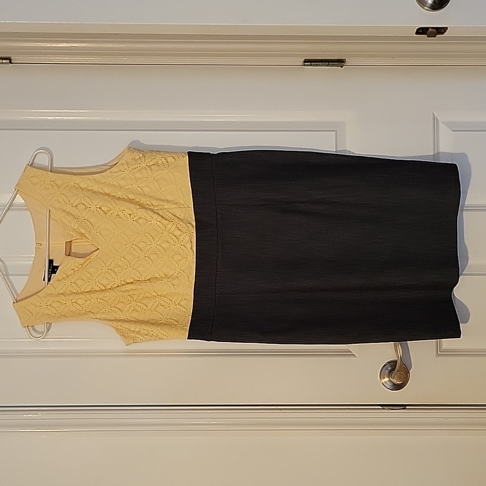 Yellow lace top dress with dark denim bottom